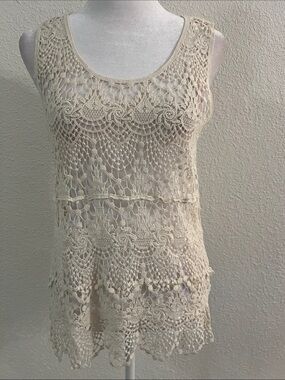 Crochet Lace Scoop Neck Tank Top - Cream
